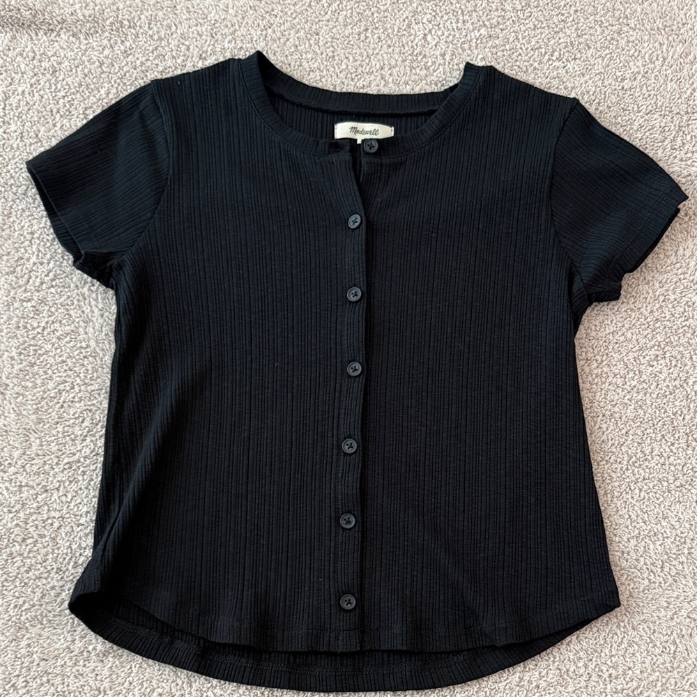 Madewell Black Ribbed Short-Sleeve Button-Front Top